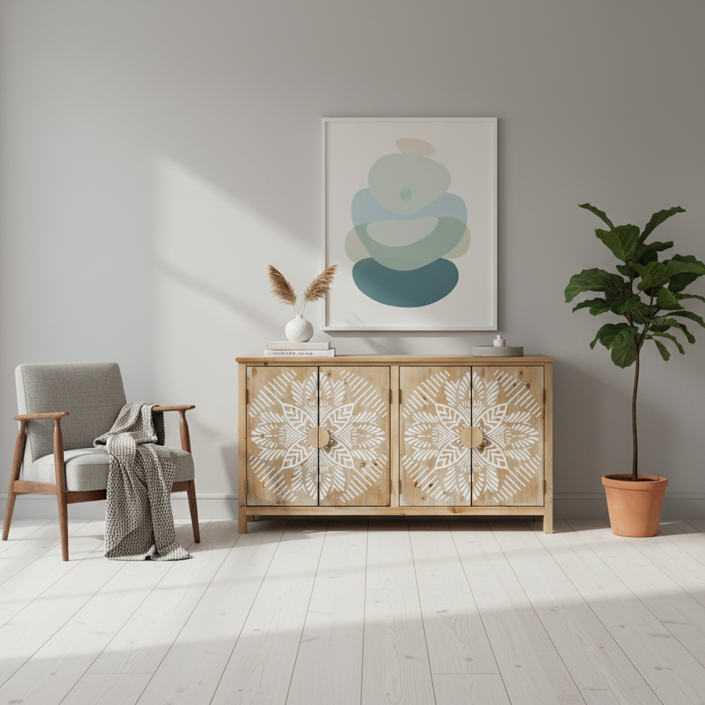 Accent Cabinet Wood 153 × 38 cm 4-Door Carved Front