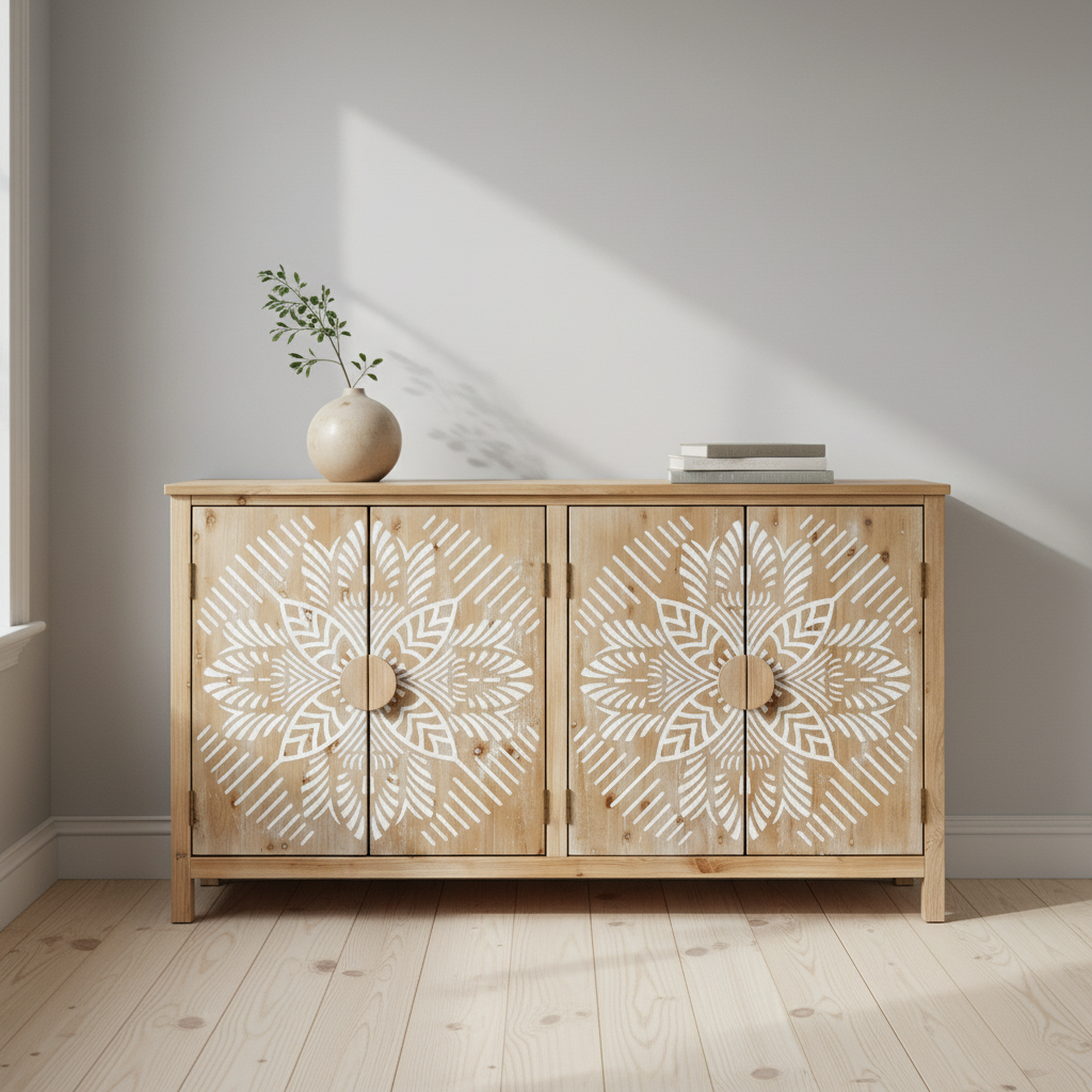 Accent Cabinet Wood 153 × 38 cm 4-Door Carved Front