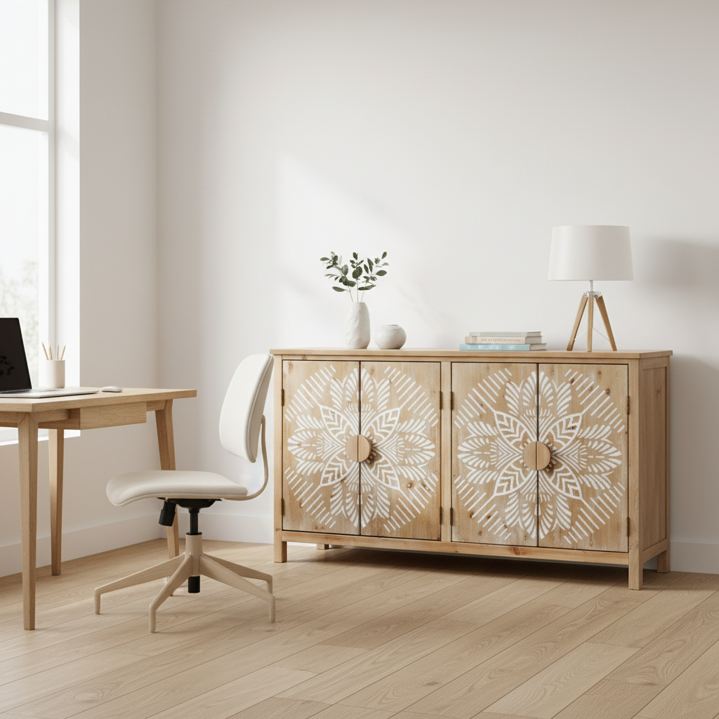 Accent Cabinet Wood 153 × 38 cm 4-Door Carved Front