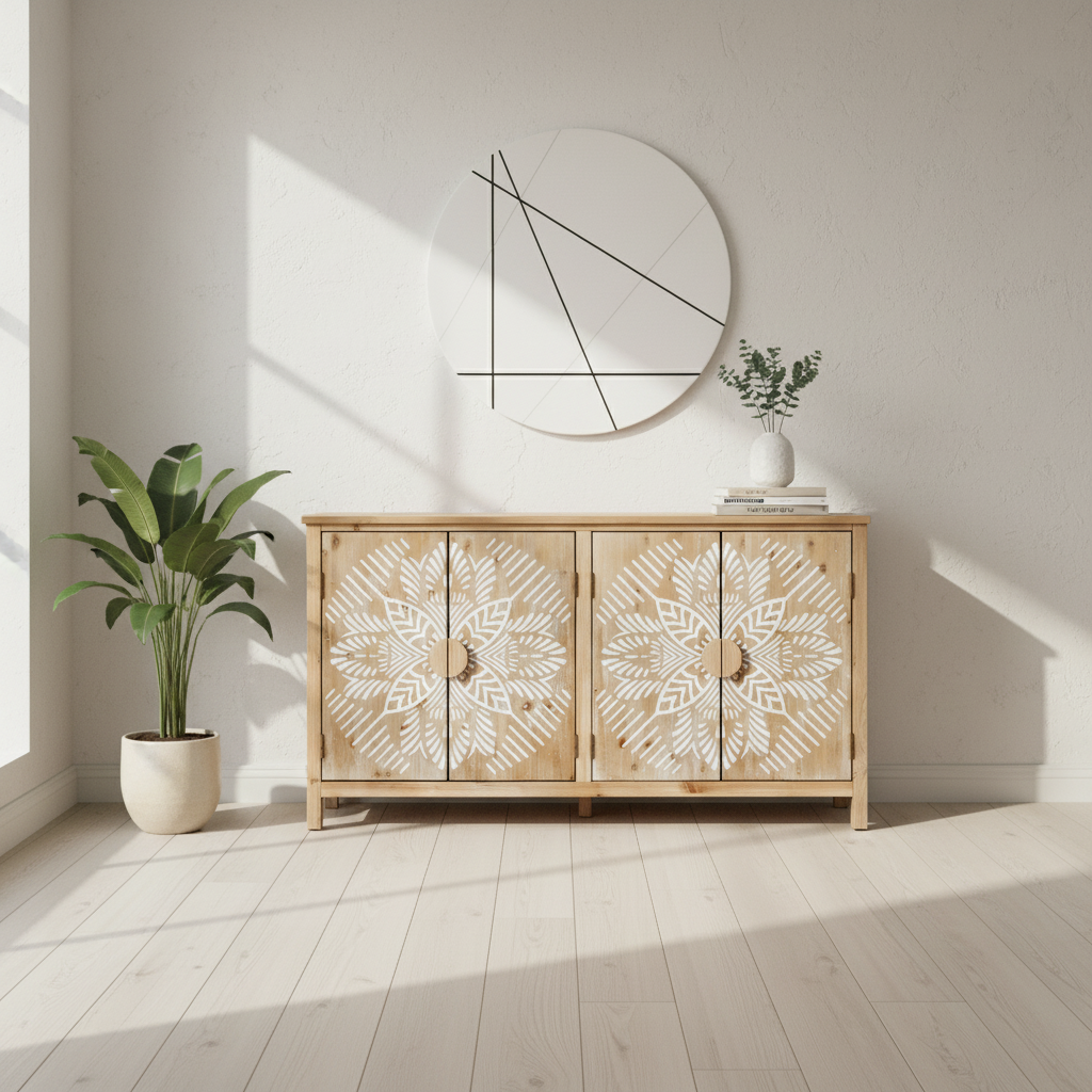 Accent Cabinet Wood 153 × 38 cm 4-Door Carved Front