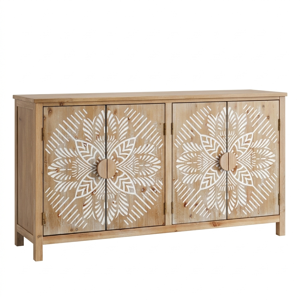 Accent Cabinet Wood 153 × 38 cm 4-Door Carved Front