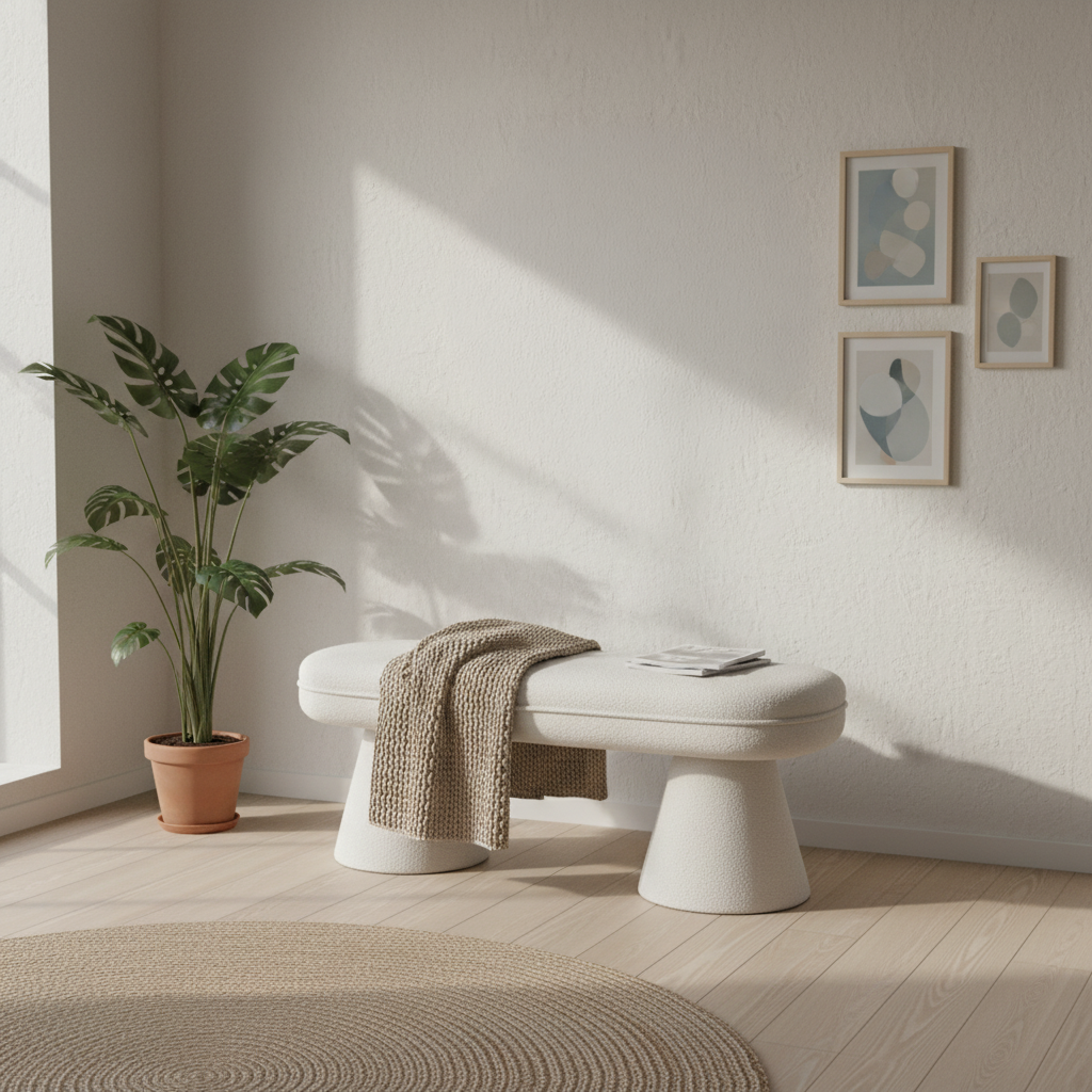 Bench Bouclé 117 × 37.5 × 42 cm Natural Upholstered