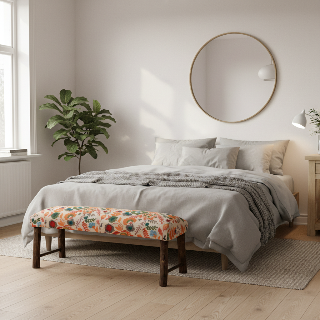 Bench Cotton 114 × 35 × 50 cm Multicolour Embroidered with Bamboo Legs