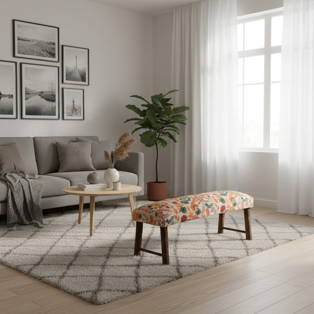 Bench Cotton 114 × 35 × 50 cm Multicolour Embroidered with Bamboo Legs