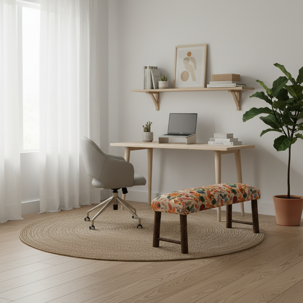 Bench Cotton 114 × 35 × 50 cm Multicolour Embroidered with Bamboo Legs