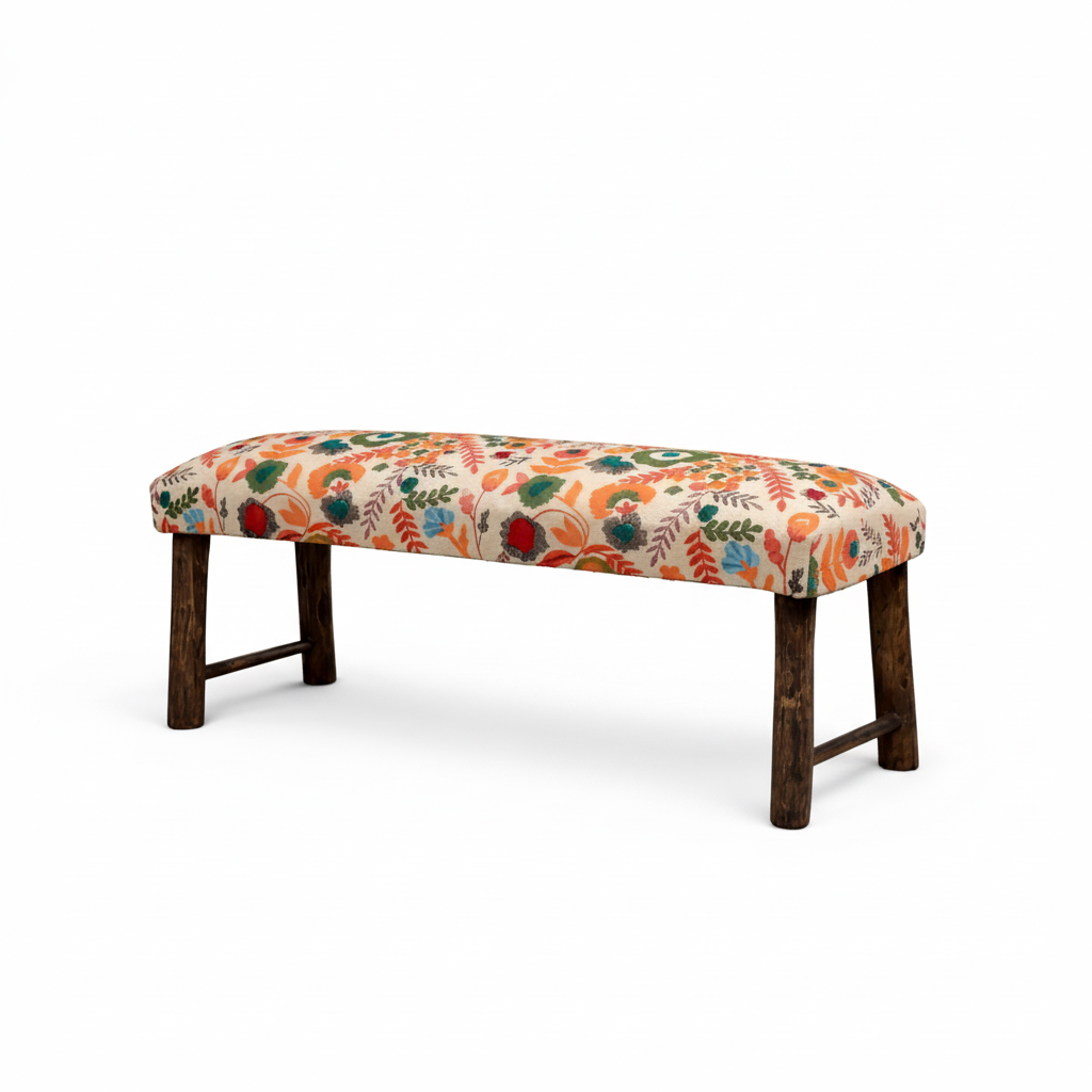 Bench Cotton 114 × 35 × 50 cm Multicolour Embroidered with Bamboo Legs