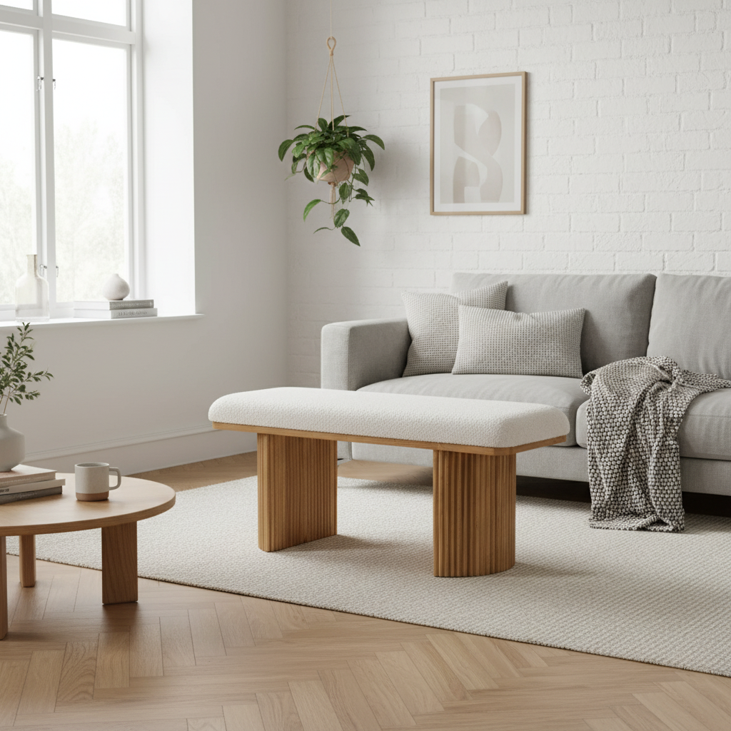 Bench Seat Bouclé Fabric & Paulownia Wood 100 × 38 × 44 cm Natural White