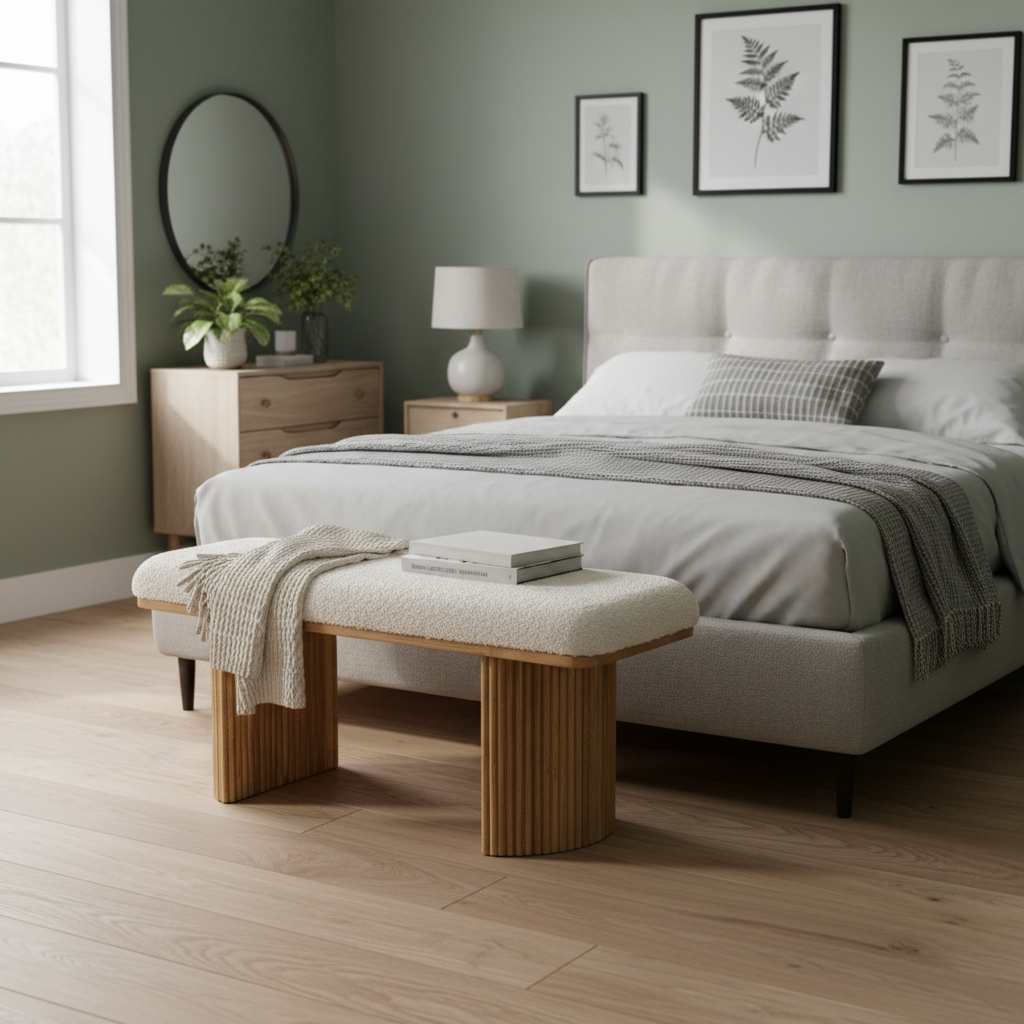 Bench Seat Bouclé Fabric & Paulownia Wood 100 × 38 × 44 cm Natural White