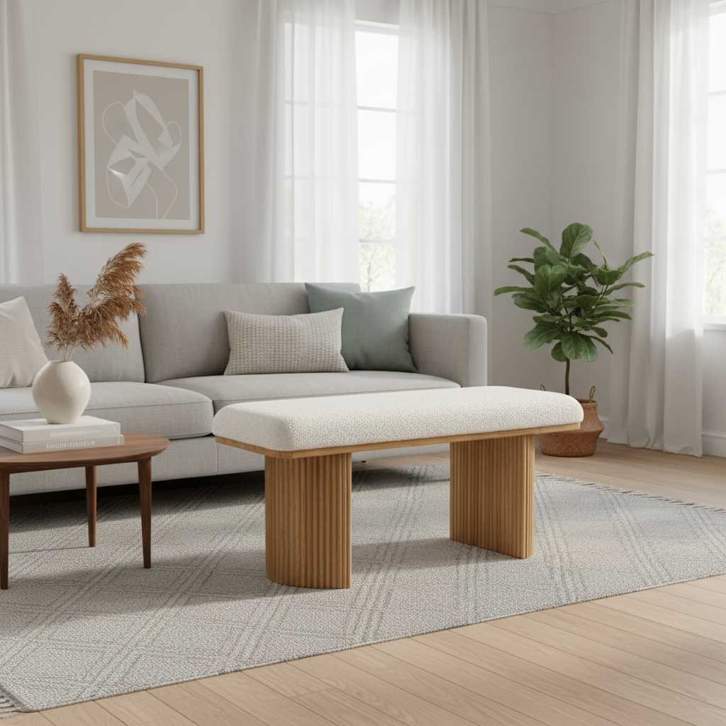 Bench Seat Bouclé Fabric & Paulownia Wood 100 × 38 × 44 cm Natural White