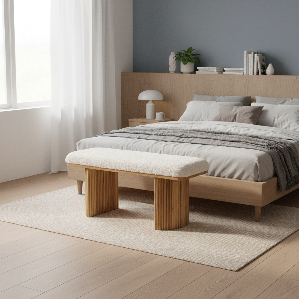 Bench Seat Bouclé Fabric & Paulownia Wood 100 × 38 × 44 cm Natural White