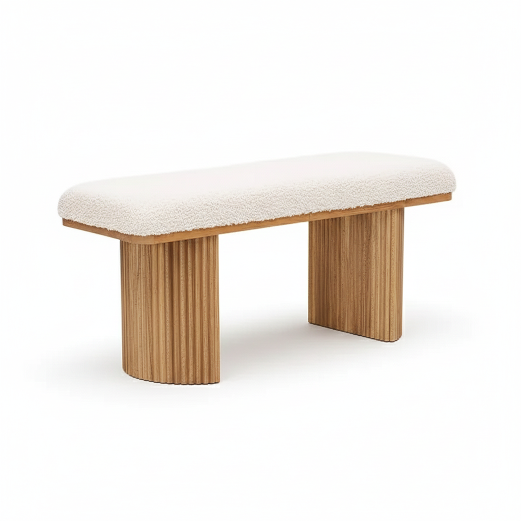 Bench Seat Bouclé Fabric & Paulownia Wood 100 × 38 × 44 cm Natural White