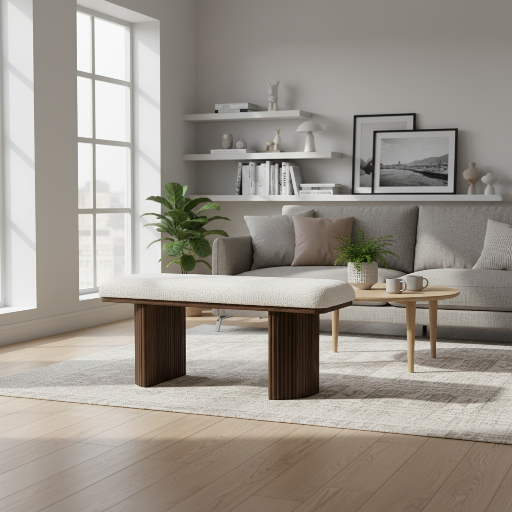 Bench Seat Bouclé Fabric & Paulownia Wood 100 × 38 × 44 cm Wenge