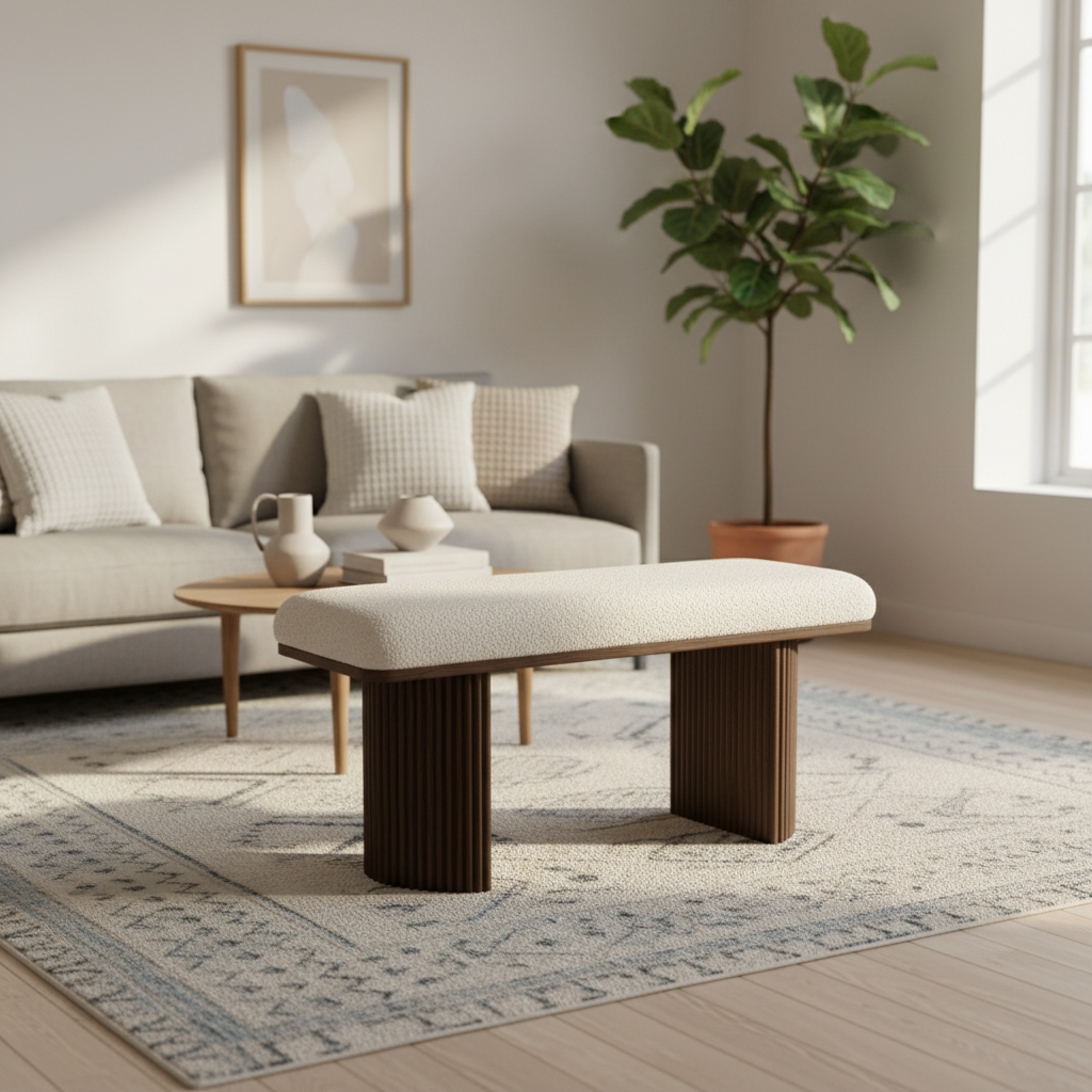 Bench Seat Bouclé Fabric & Paulownia Wood 100 × 38 × 44 cm Wenge