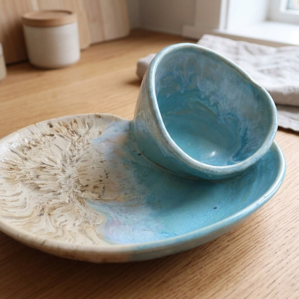 Bowl Set Ceramic Coastal Swirl Glaze