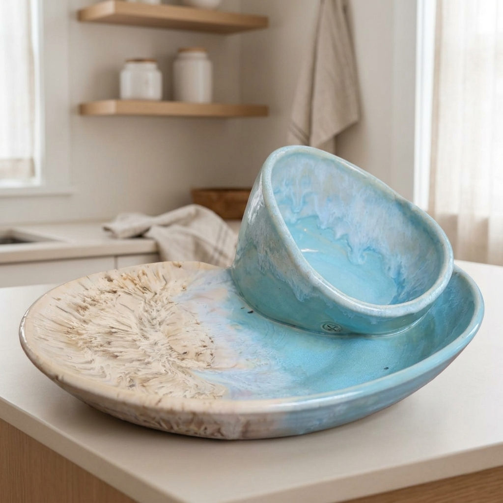 Bowl Set Ceramic Coastal Swirl Glaze
