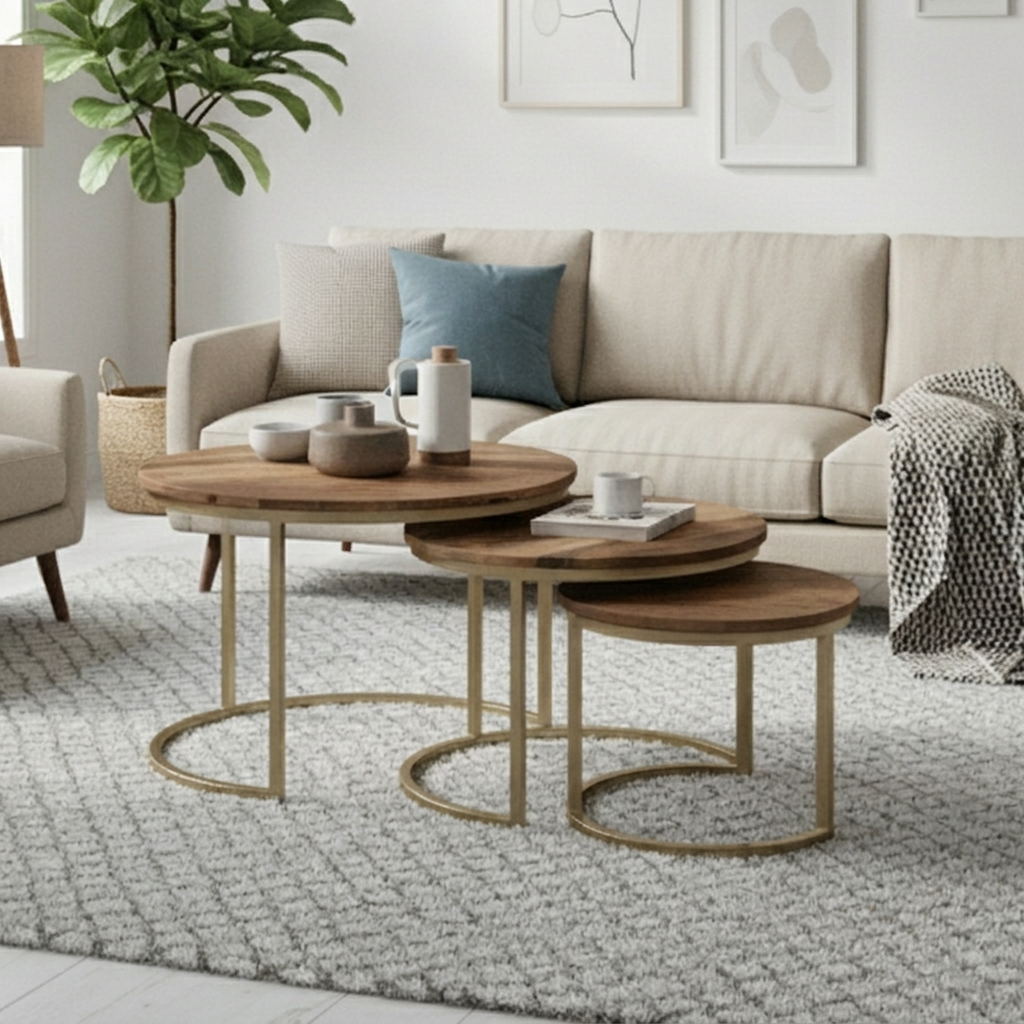 Coffee Table Set Mango Wood 76 × 76 cm Brown Gold Set of 3