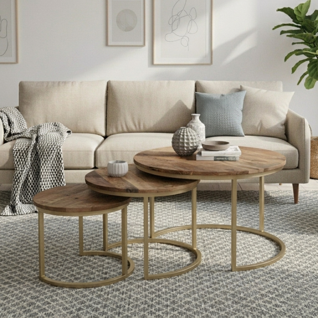 Coffee Table Set Mango Wood 76 × 76 cm Brown Gold Set of 3