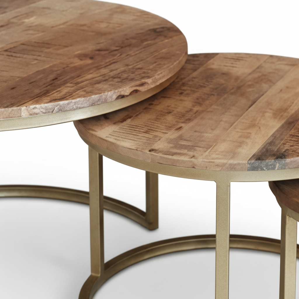 Coffee Table Set Mango Wood 76 × 76 cm Brown Gold Set of 3