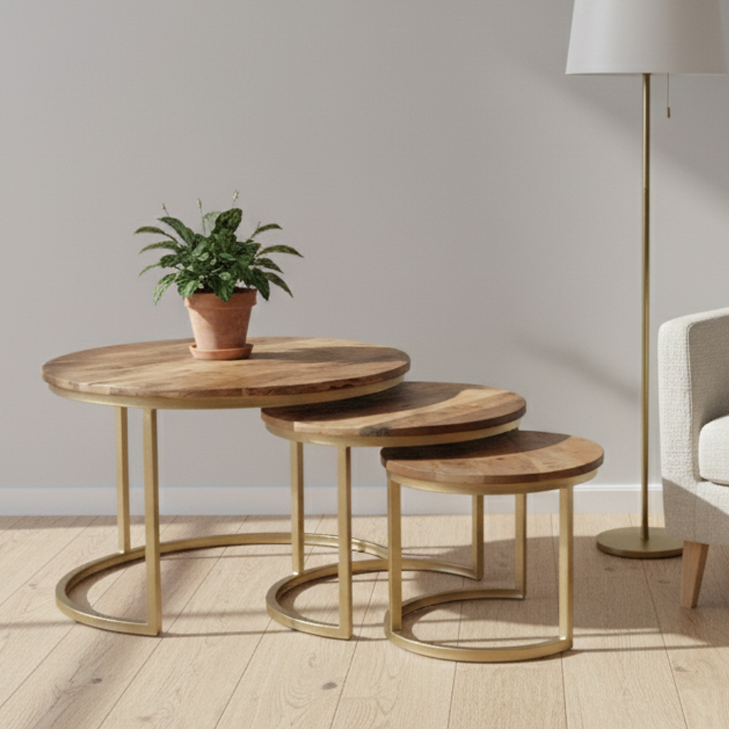 Coffee Table Set Mango Wood 76 × 76 cm Brown Gold Set of 3