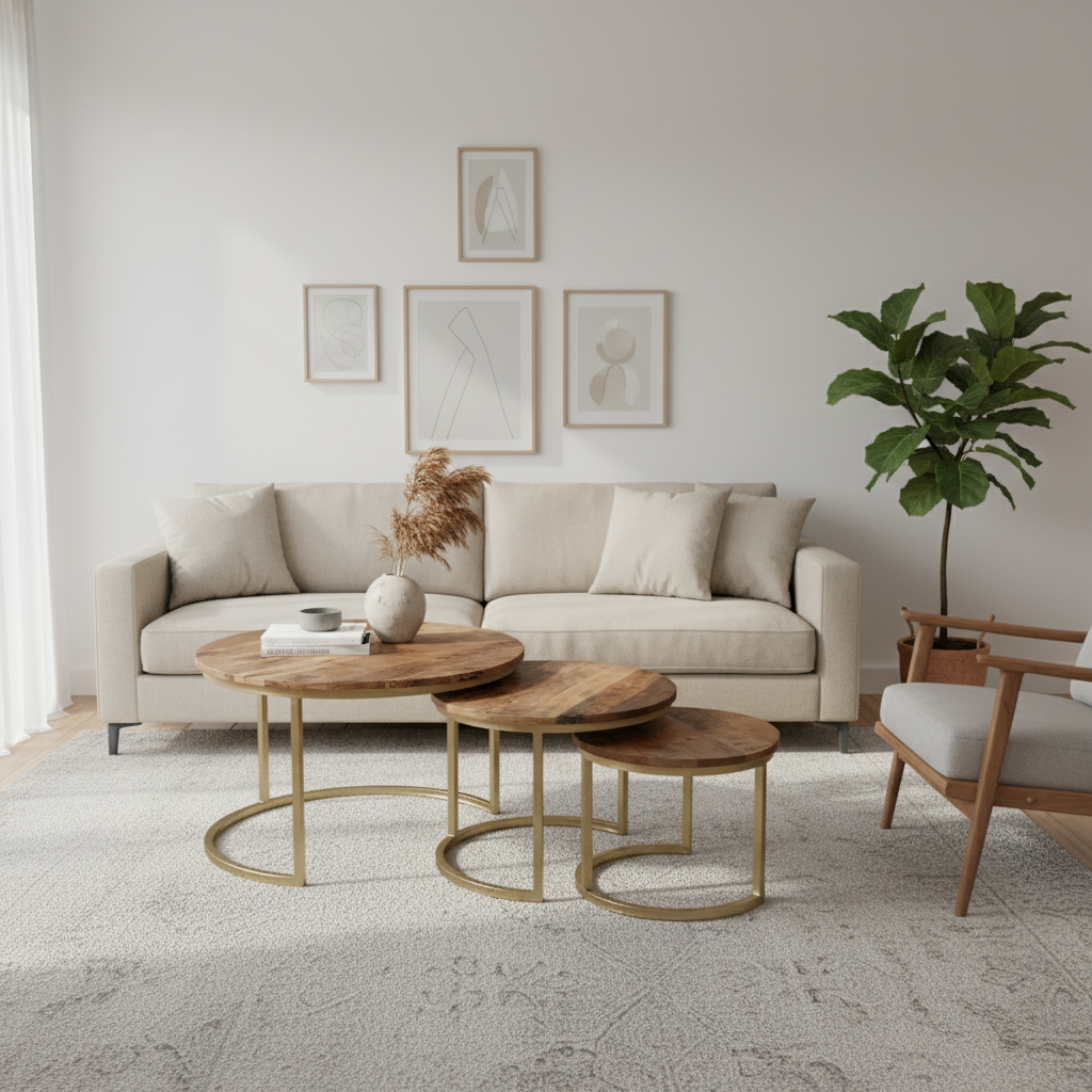 Coffee Table Set Mango Wood 76 × 76 cm Brown Gold Set of 3