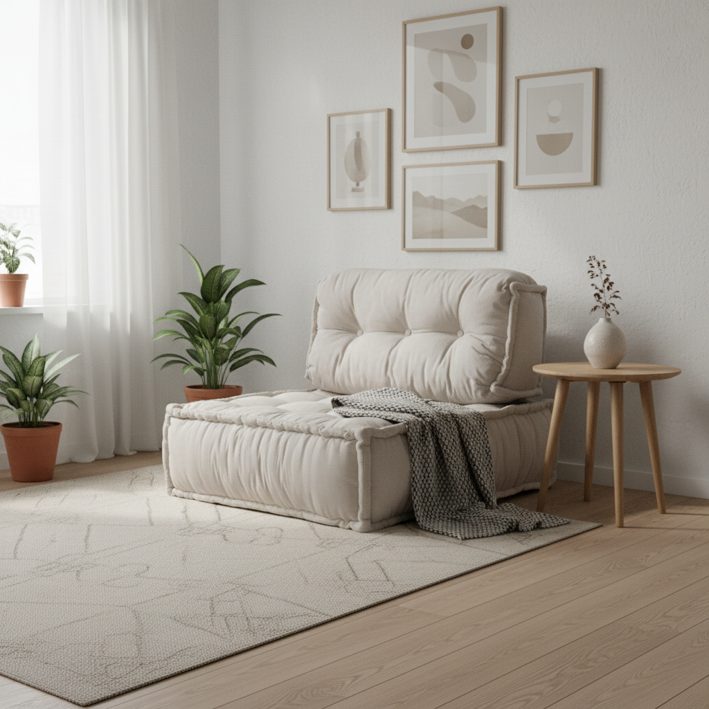 Daybed Cotton & Straw 90 × 90 cm Beige Floor Cushion Set