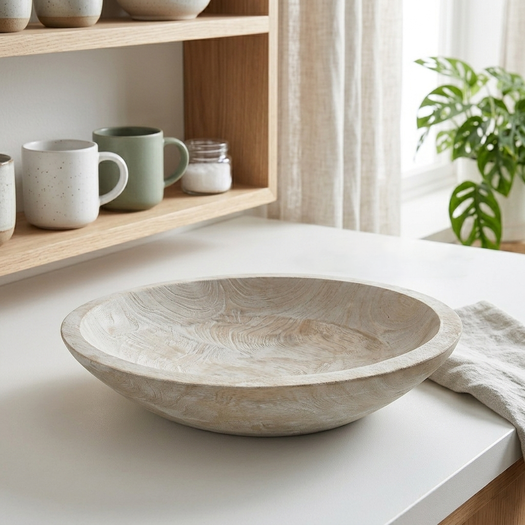 Decorative Bowl Wooden 30.5 × 30.5 cm White Washed