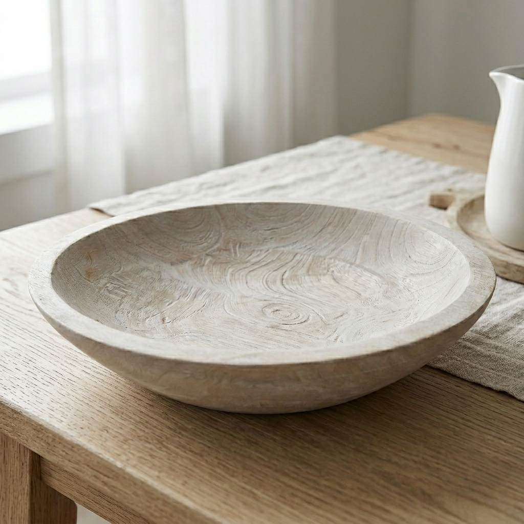 Decorative Bowl Wooden 30.5 × 30.5 cm White Washed