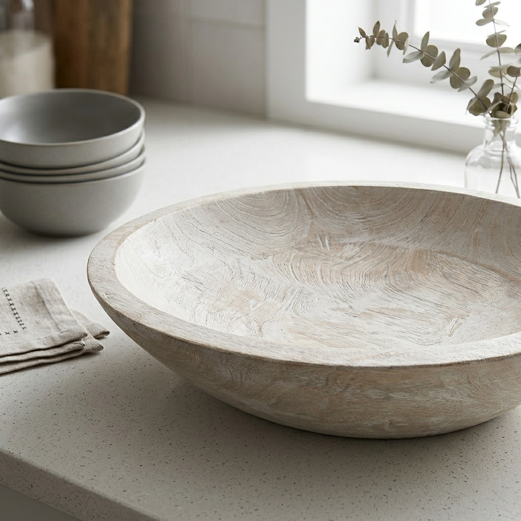 Decorative Bowl Wooden 30.5 × 30.5 cm White Washed