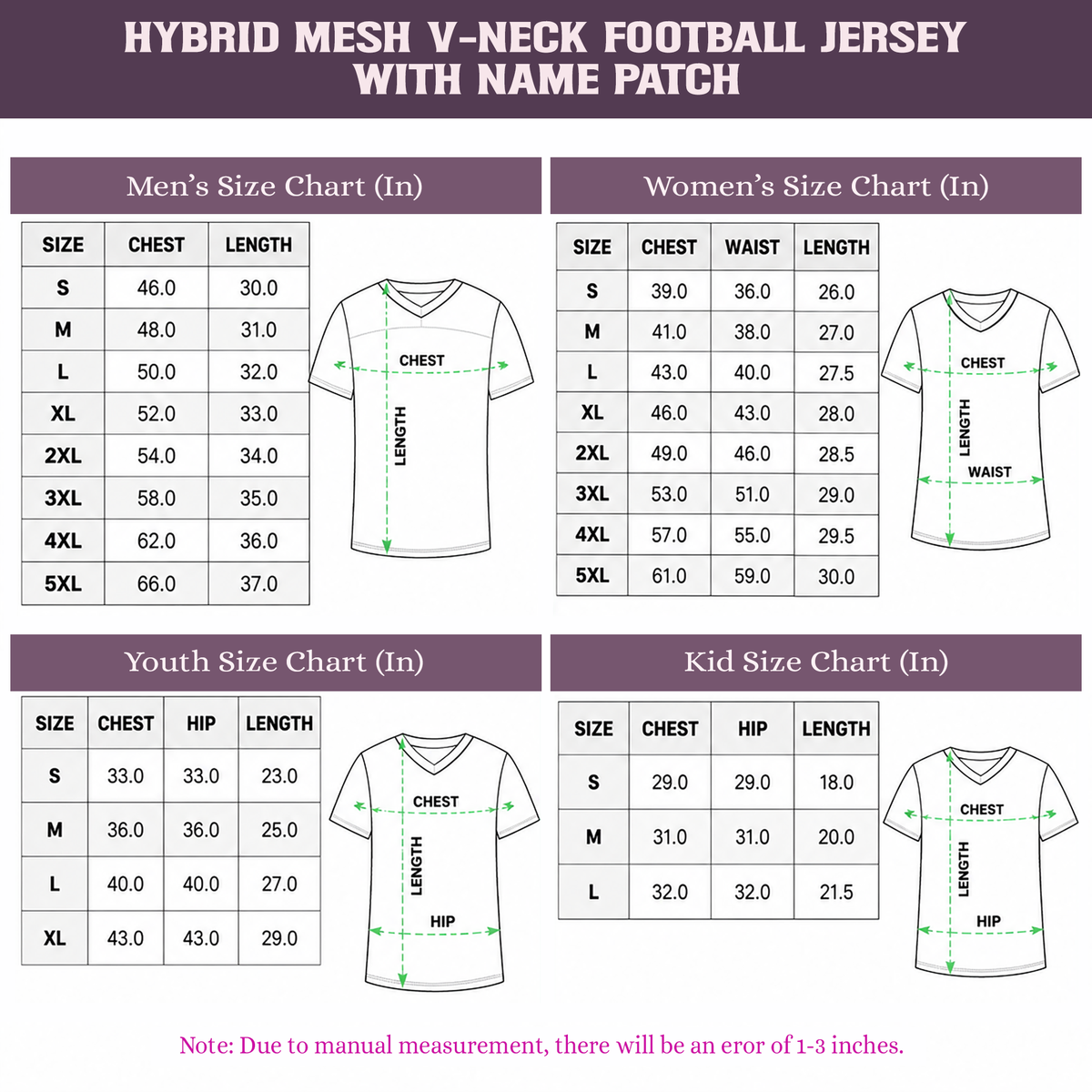 Size chart for Personalized Philadelphia Eagles Football Jersey - Midnight Green Game Style, Custom Name Patch, Team Name, Number & Logo for Men, Women, Youth and Kids