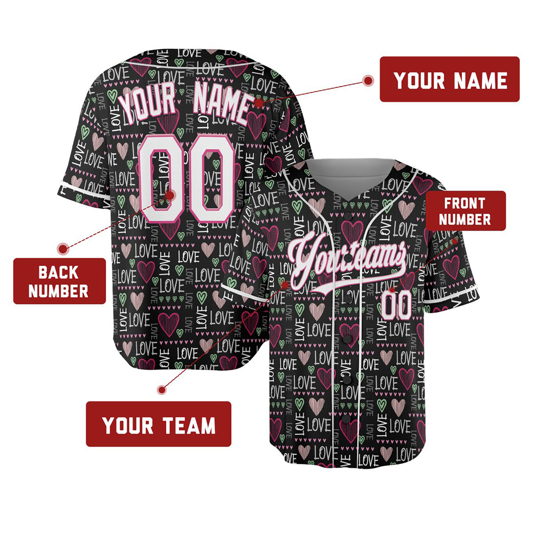 Personalized Valentine Baseball Jersey – Black Love Word Style, Matching Couples Outfit for Kids & Adults
