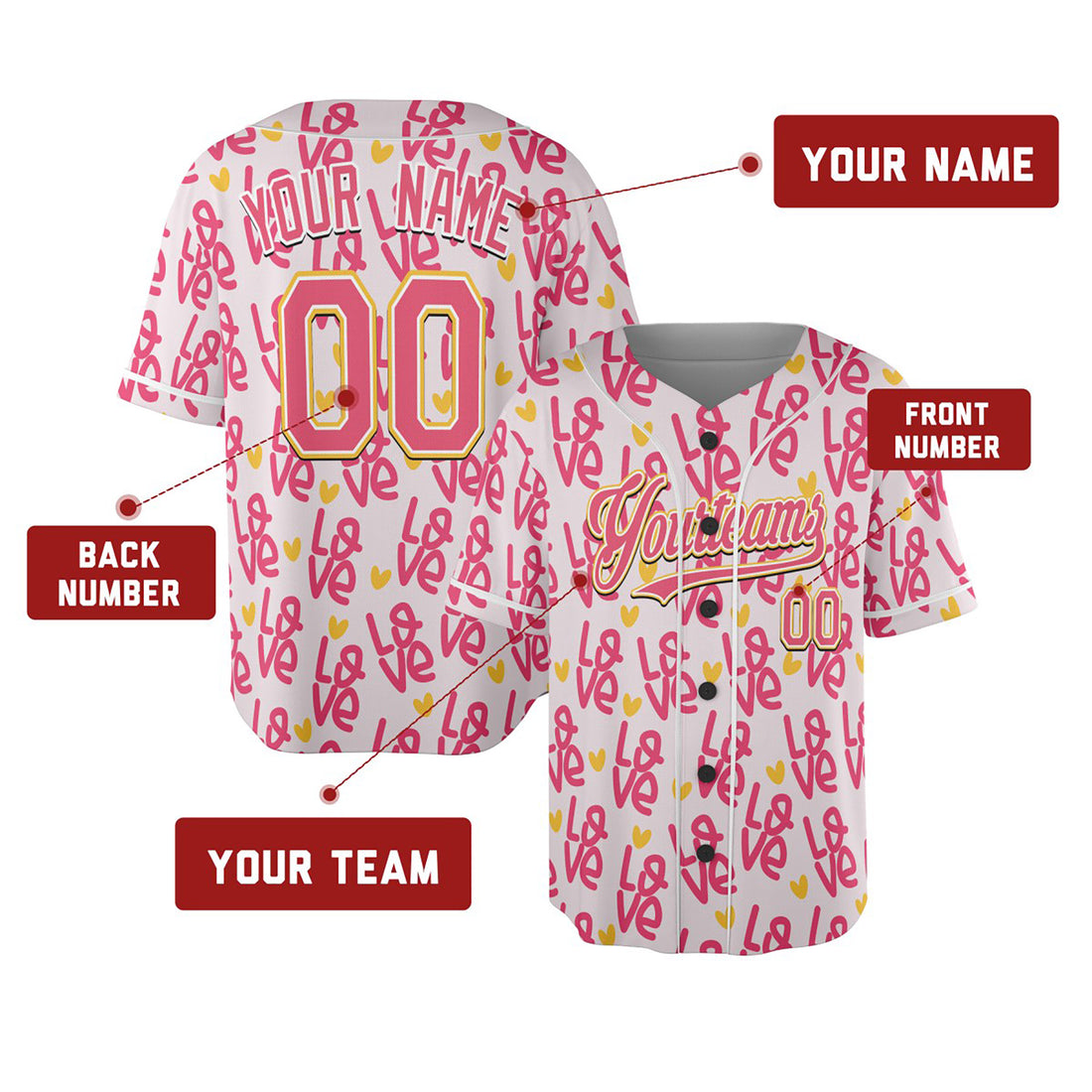 Personalized Valentine Baseball Jersey – Pink Doodle Heart Style, Matching Couples Outfit for Kids & Adults
