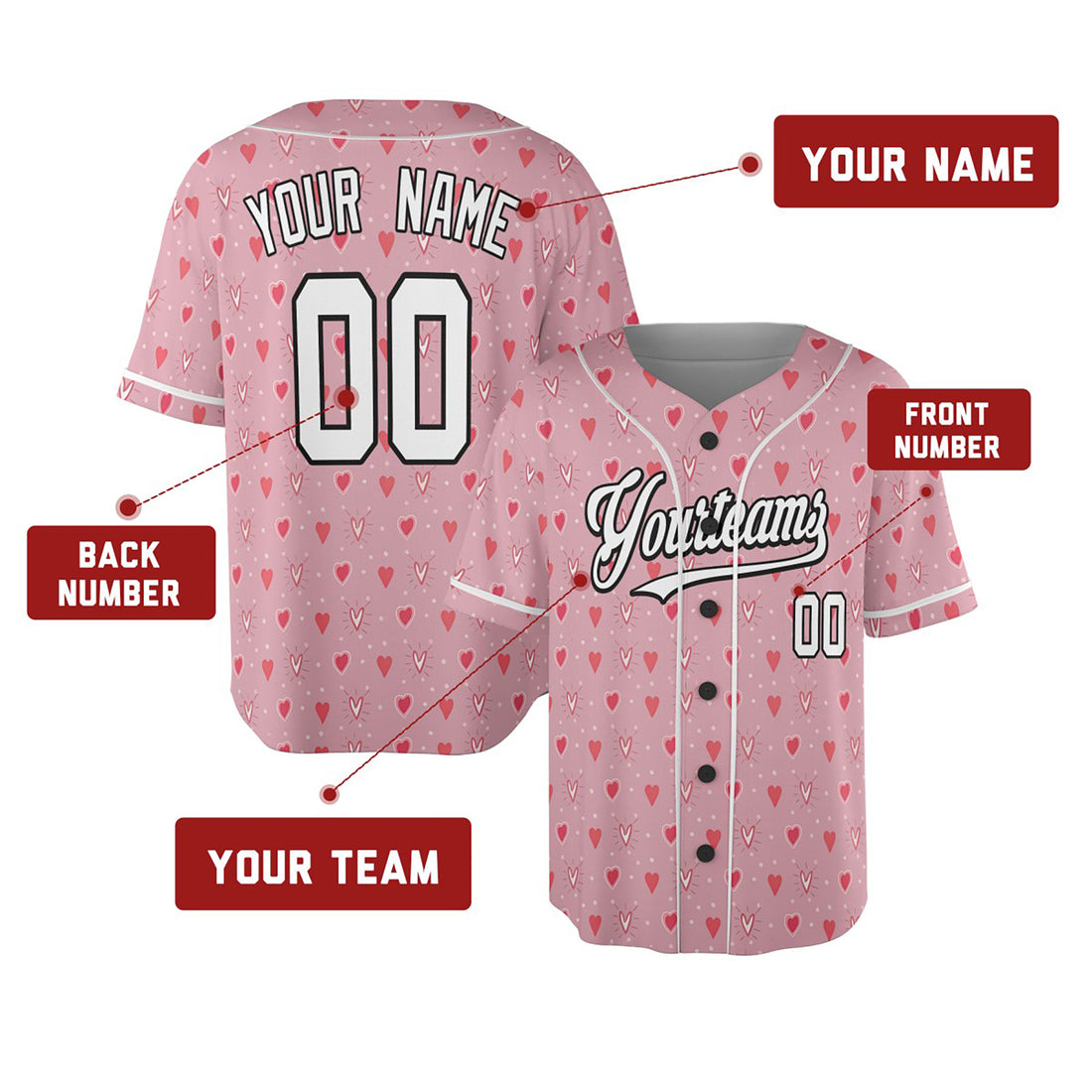 Personalized Valentine Baseball Jersey – Pink Tiny Heart Style, Matching Couples Outfit for Kids & Adults