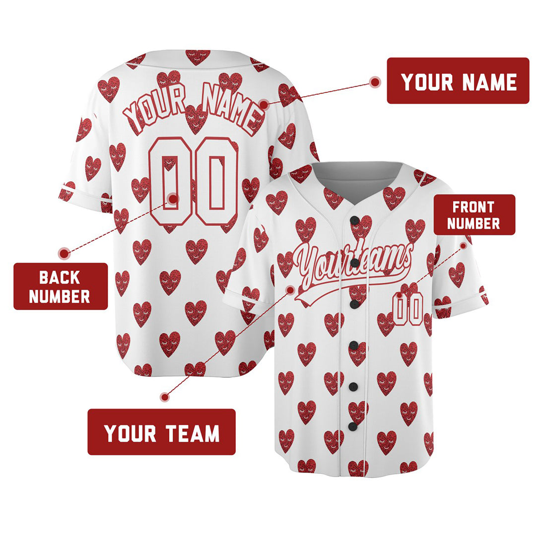 Personalized Valentine Baseball Jersey – White Glitter Red Heart Style, Matching Couples Outfit for Kids & Adults