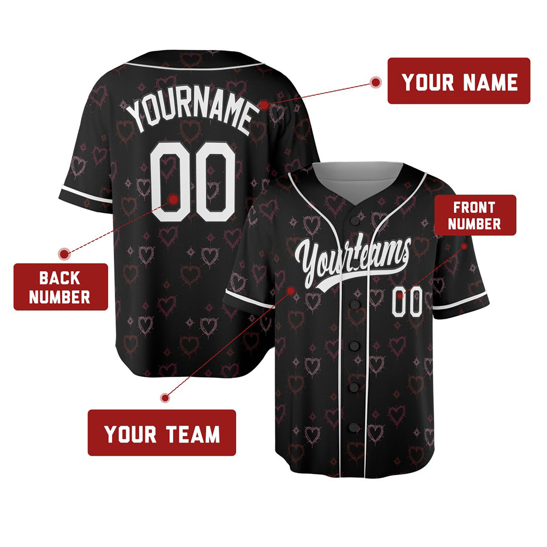 Personalized Valentine Baseball Jersey – Black Grunge Heart Style, Matching Couples Outfit for Kids & Adults