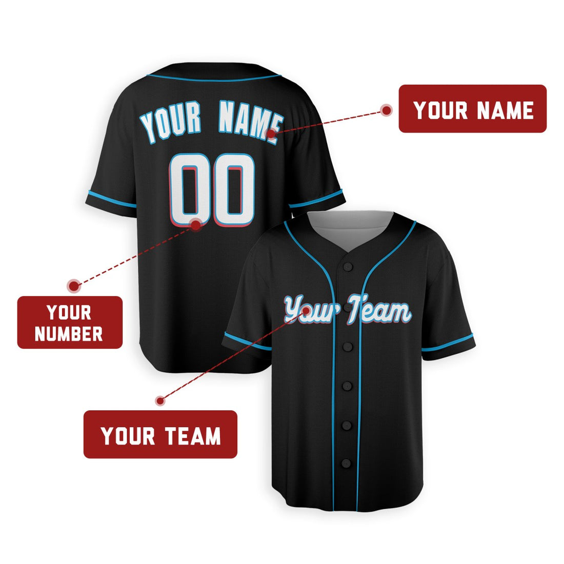 Personalized Miami Black Baseball Jersey – Custom Name & Number, Kids & Adults
