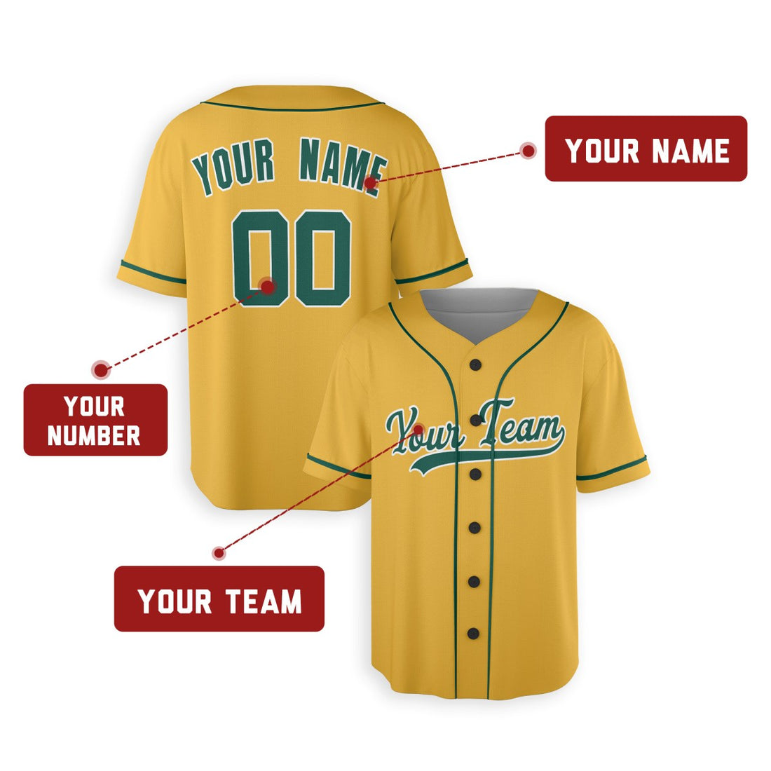 Personalized Oakland Gold Baseball Jersey – Custom Name & Number, Kids & Adults