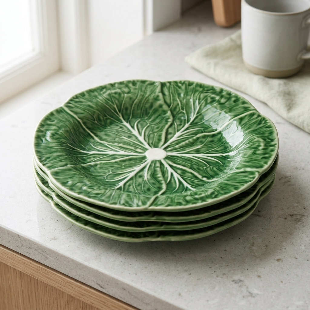 Salad Plate Ceramic 22.9 cm Green Cabbage Leaf Design