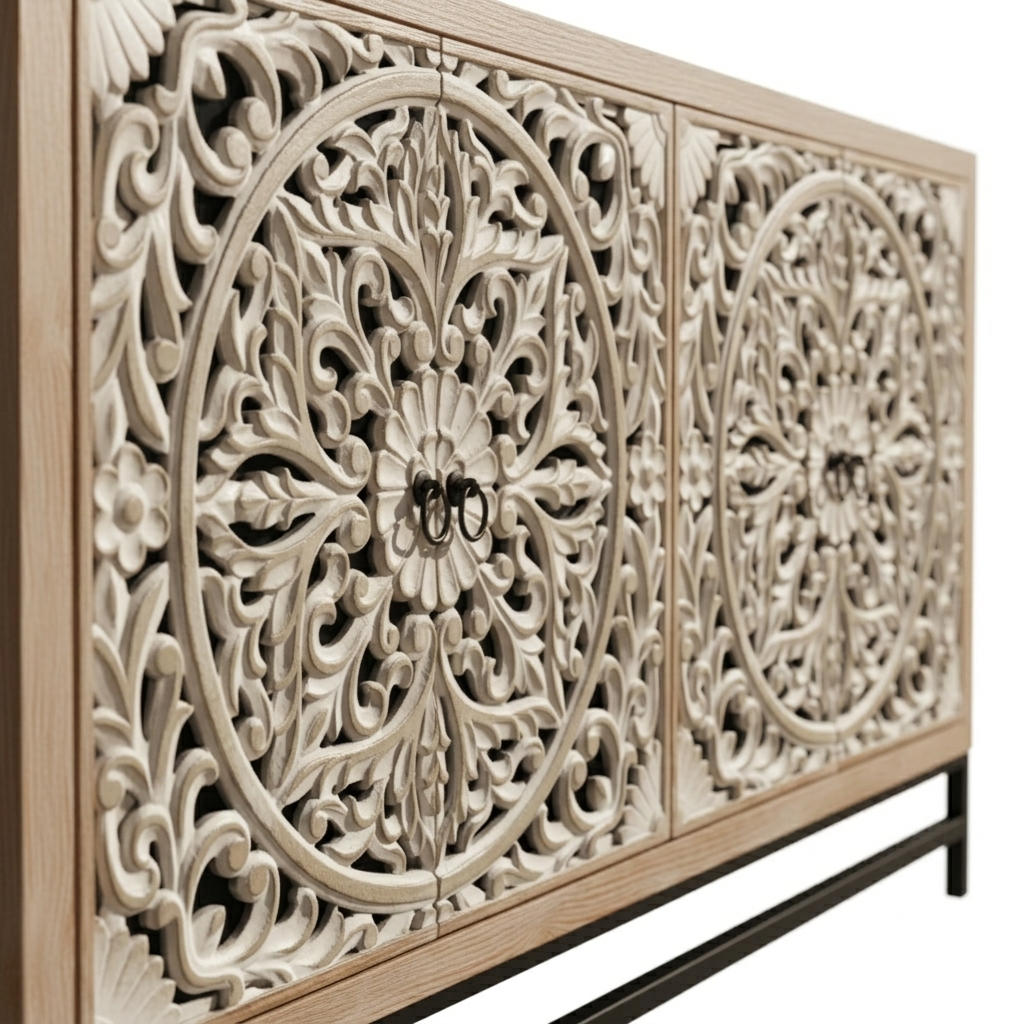 Sideboard Cabinet Wood 149.9 × 39.9 × 85.9 cm Black Carved Doors
