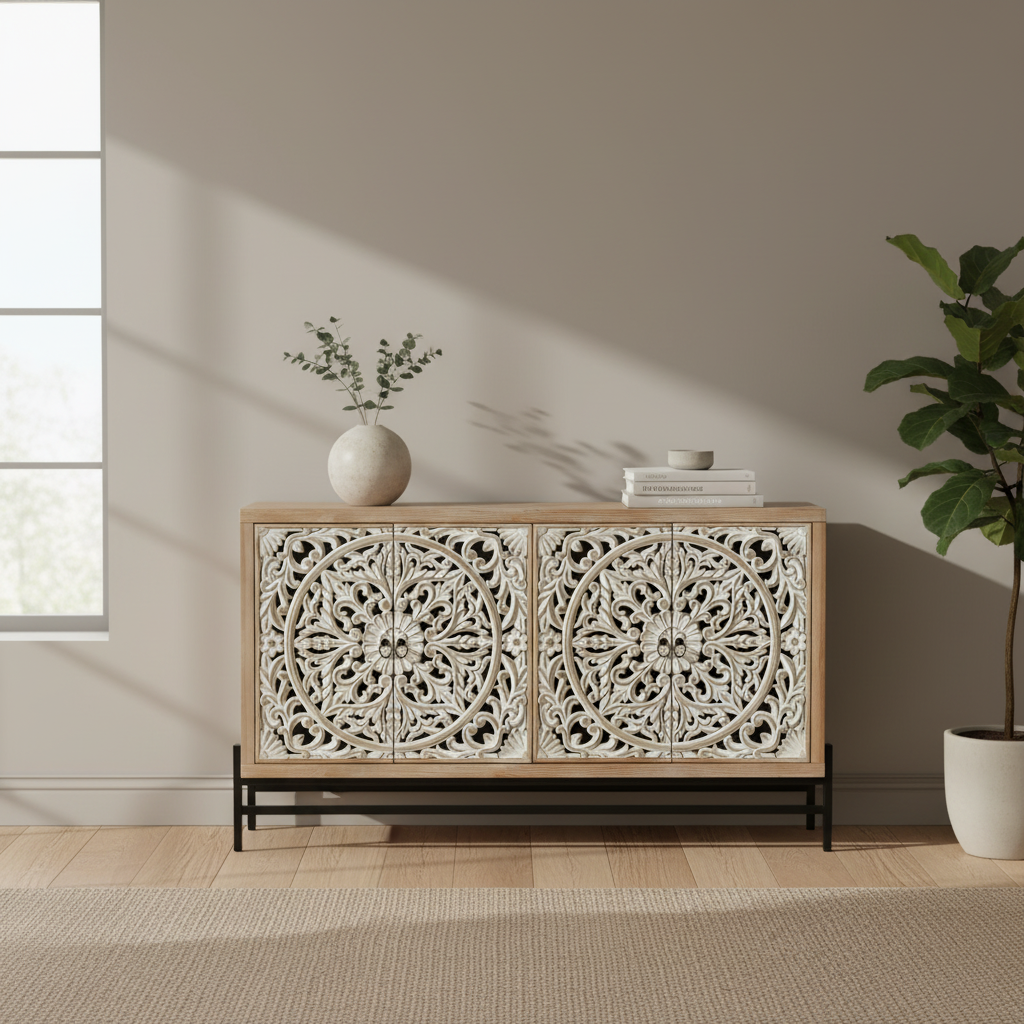 Sideboard Cabinet Wood 149.9 × 39.9 × 85.9 cm Black Carved Doors