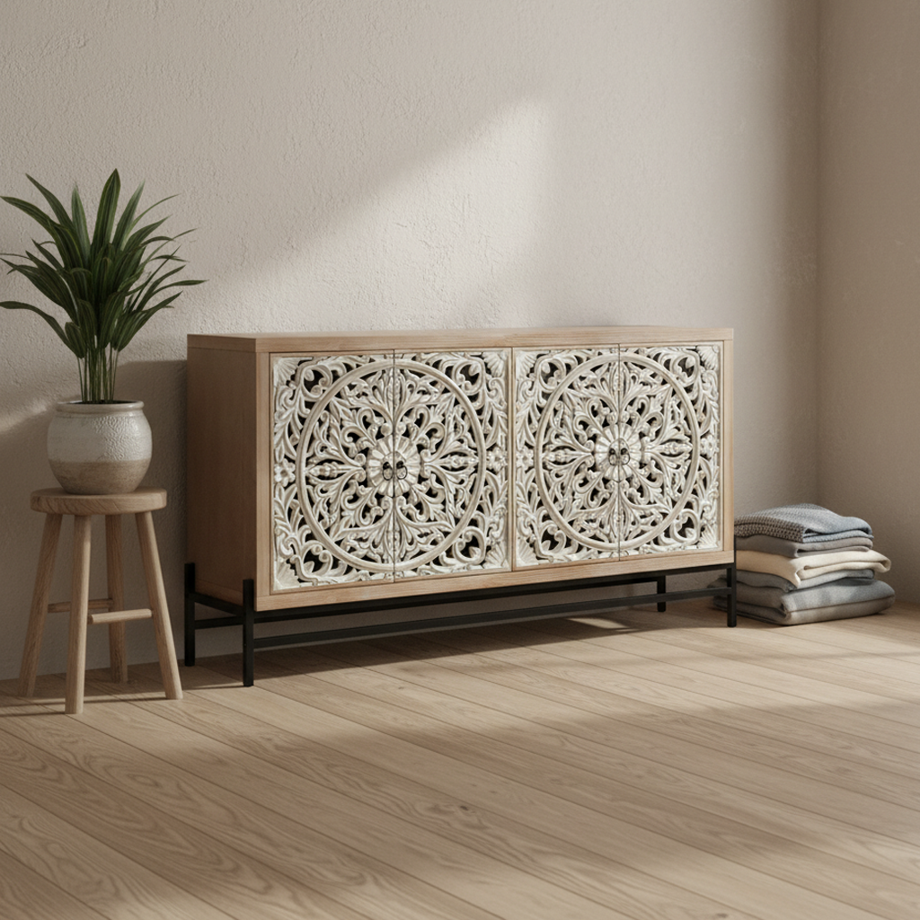 Sideboard Cabinet Wood 149.9 × 39.9 × 85.9 cm Black Carved Doors