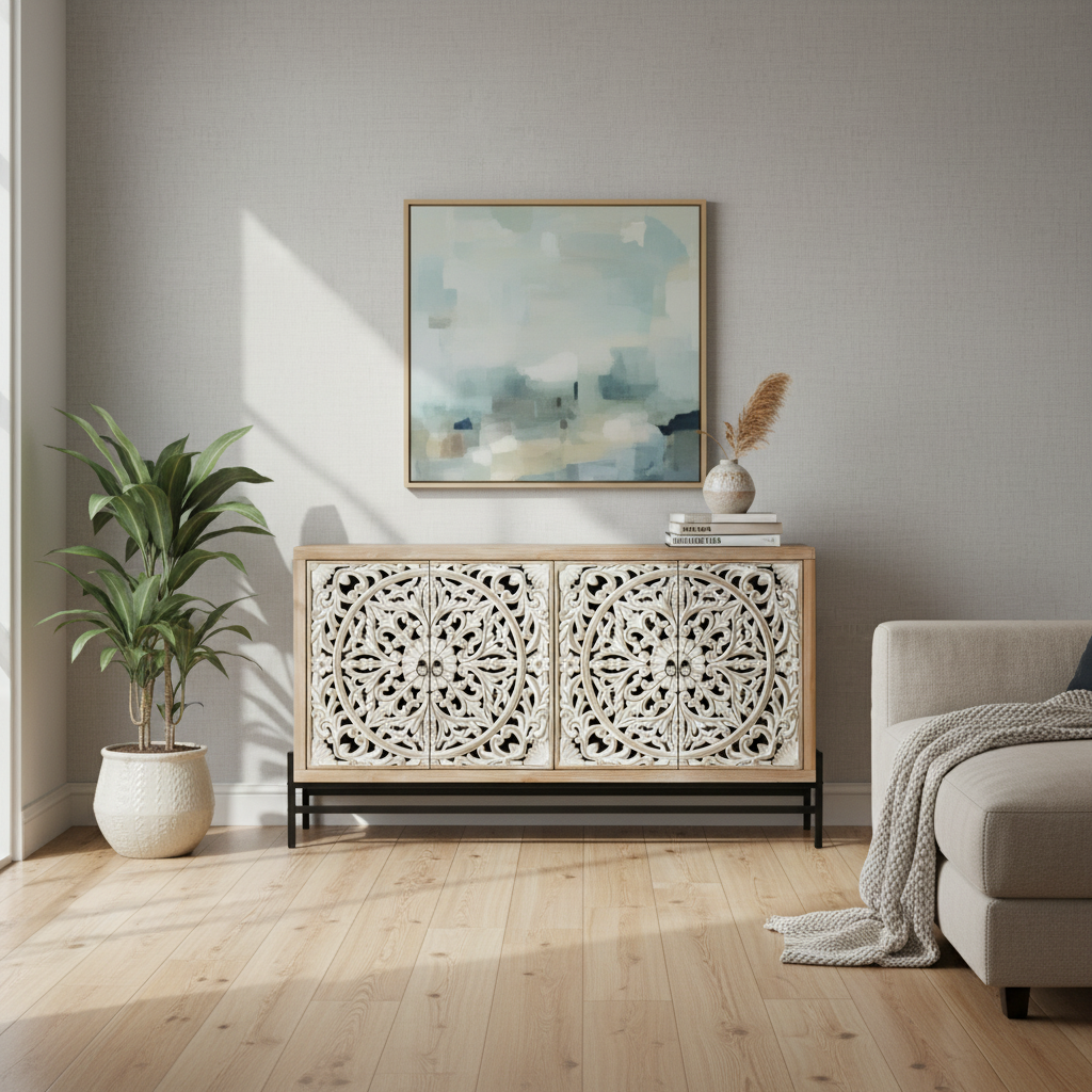 Sideboard Cabinet Wood 149.9 × 39.9 × 85.9 cm Black Carved Doors