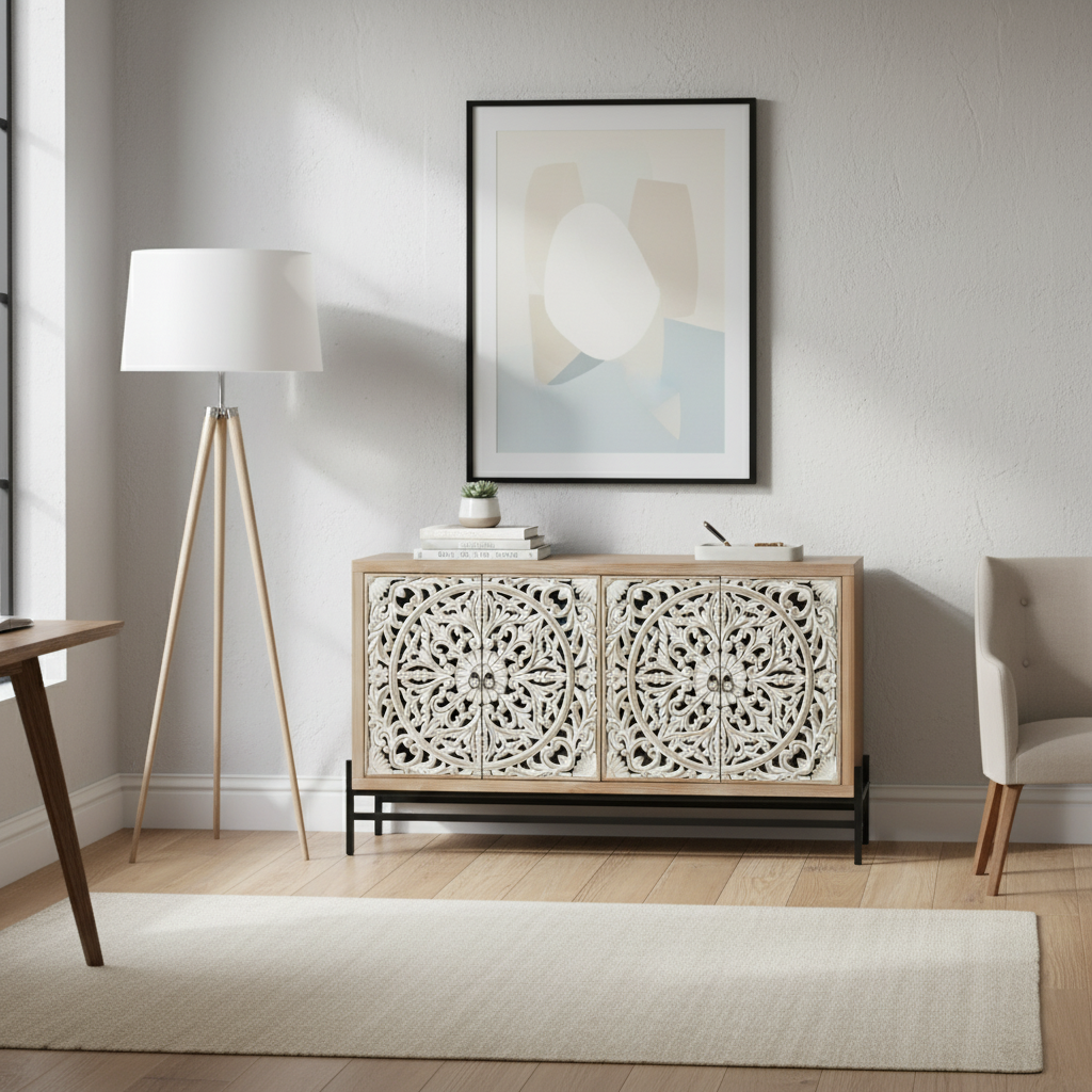 Sideboard Cabinet Wood 149.9 × 39.9 × 85.9 cm Black Carved Doors