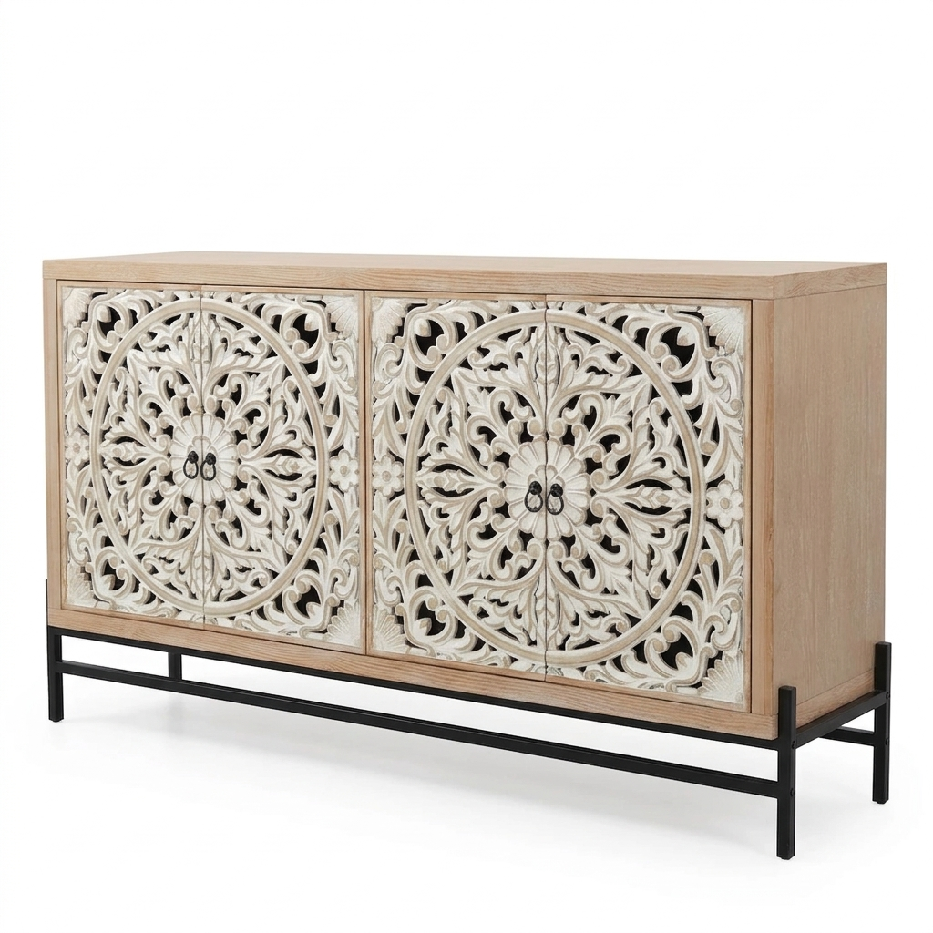 Sideboard Cabinet Wood 149.9 × 39.9 × 85.9 cm Black Carved Doors