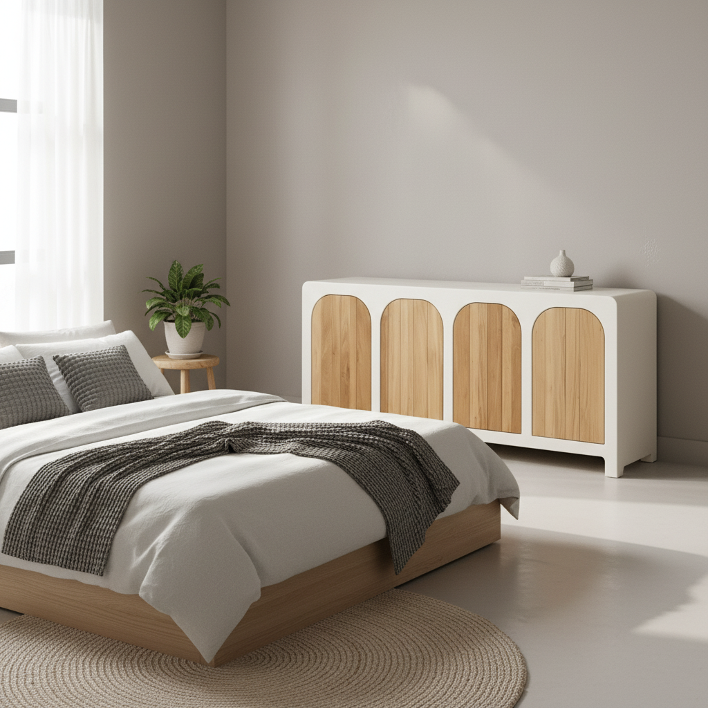 Sideboard Teak Wood 190 × 45 × 80 cm Concrete Finish 4 Door
