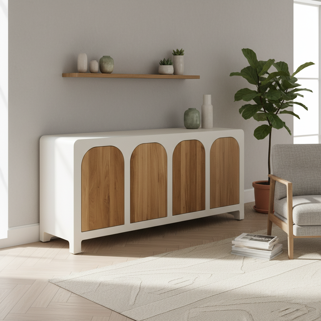 Sideboard Teak Wood 190 × 45 × 80 cm Concrete Finish 4 Door