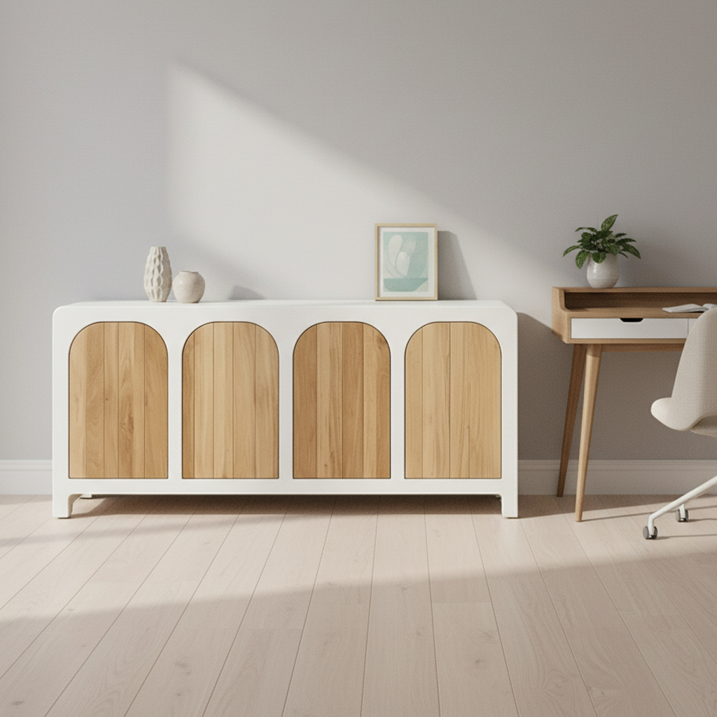 Sideboard Teak Wood 190 × 45 × 80 cm Concrete Finish 4 Door