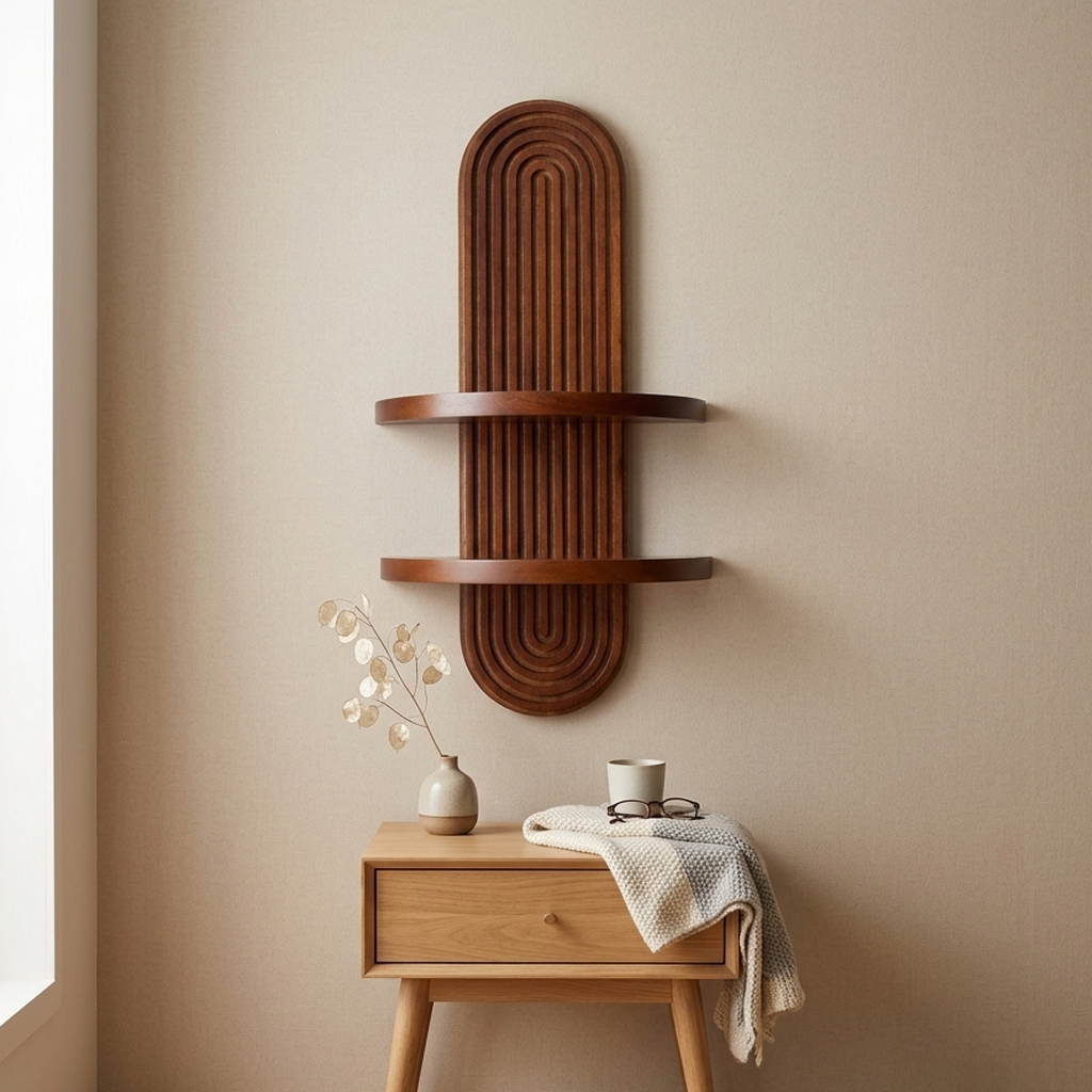 Wall Shelf Wood 55.4 × 15.2 × 14.5 cm Brown Arched Fluted Back