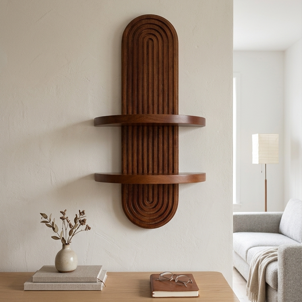 Wall Shelf Wood 55.4 × 15.2 × 14.5 cm Brown Arched Fluted Back
