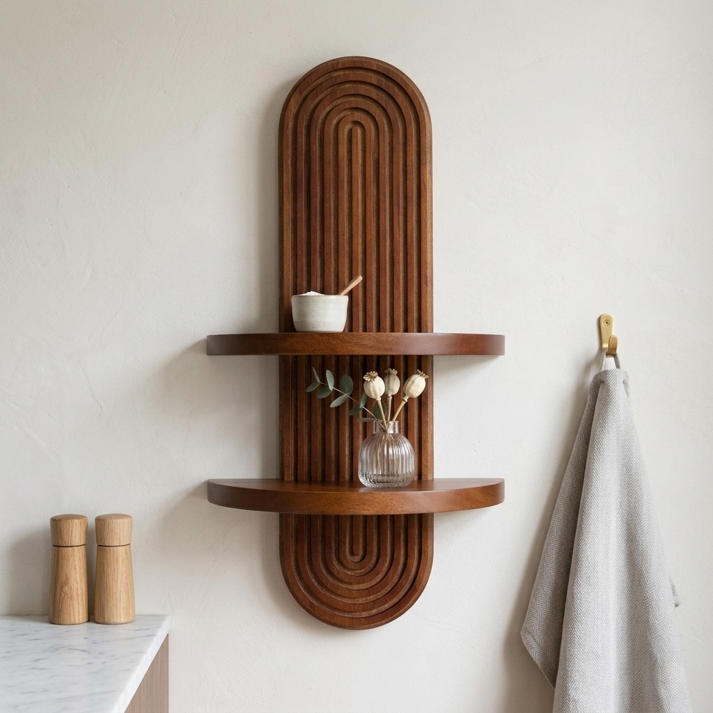 Wall Shelf Wood 55.4 × 15.2 × 14.5 cm Brown Arched Fluted Back