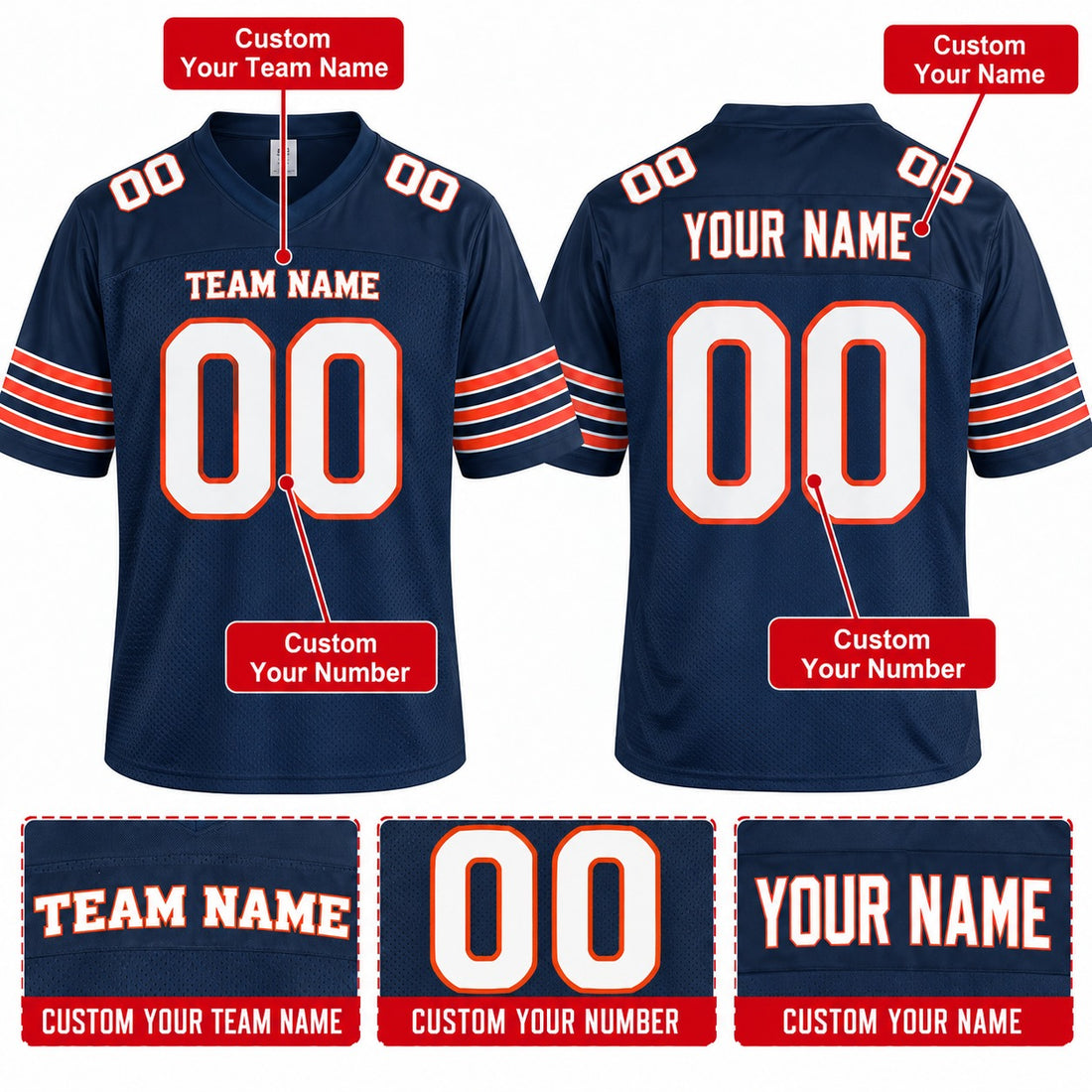 Chicago Custom Football Jersey, Navy Personalized Team Jersey, Custom Name Number Logo, Football Uniform for Men, Women, Youth and Kids
